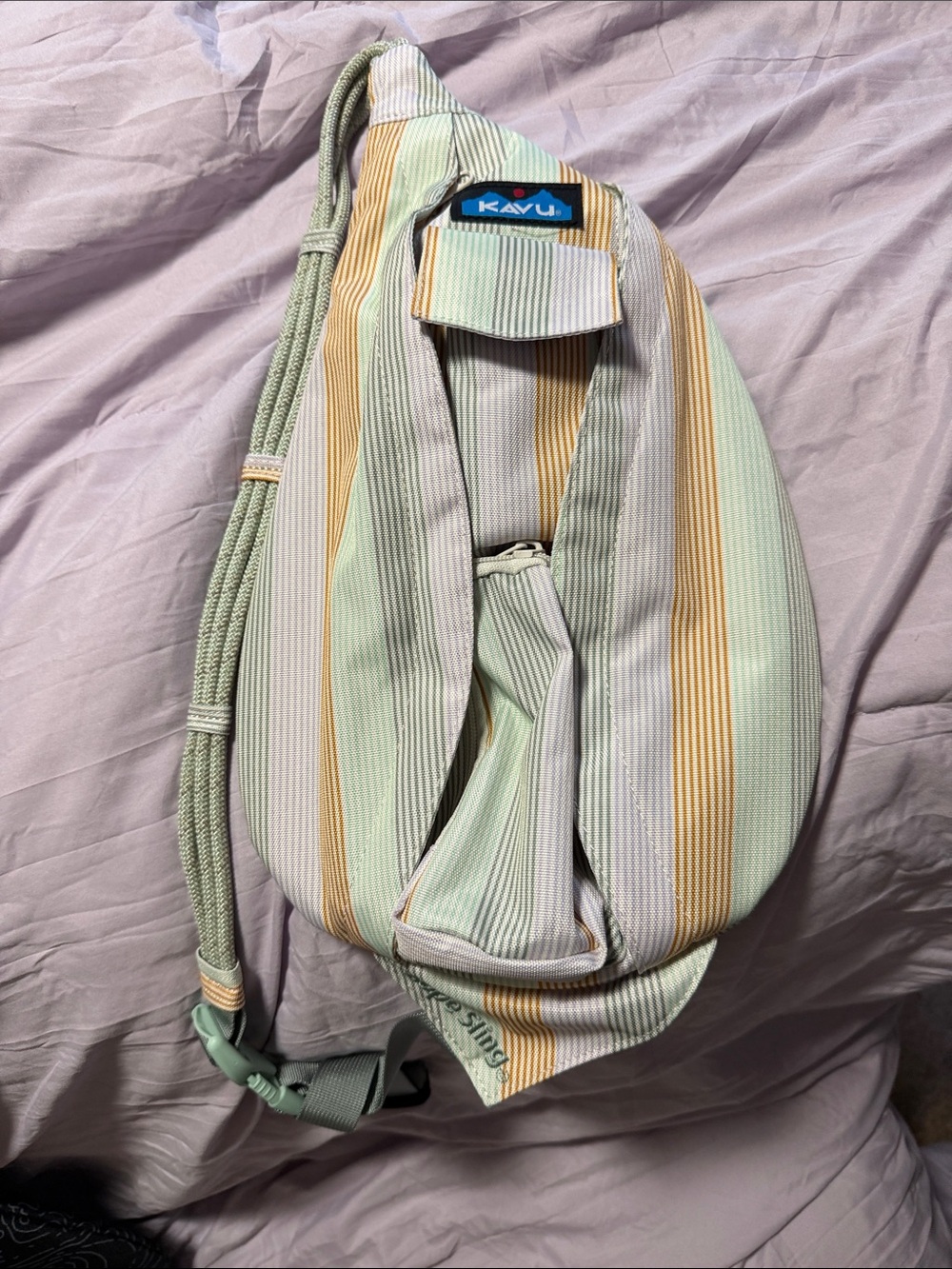 Kavu Striped Sling Bag in Sage, Yellow & Cream